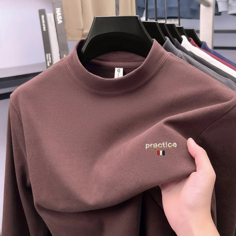 Premium velvet semi high neck men's sweater luxury fashion brand letter embroidery casual comfort autumn new long sleeve T-shirt