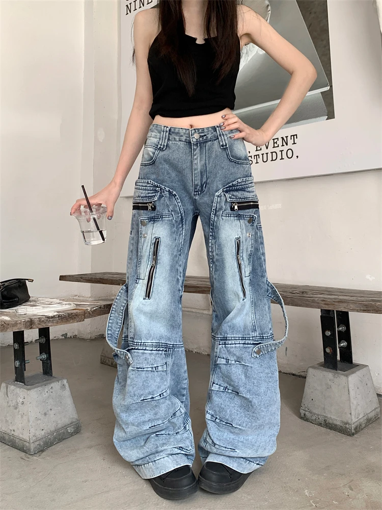

Women's Structural Splicing Vibe Blue Straight Denim Pants Unisex High Waist Jeans Vintage Bottoms Female Wide-leg Trousers