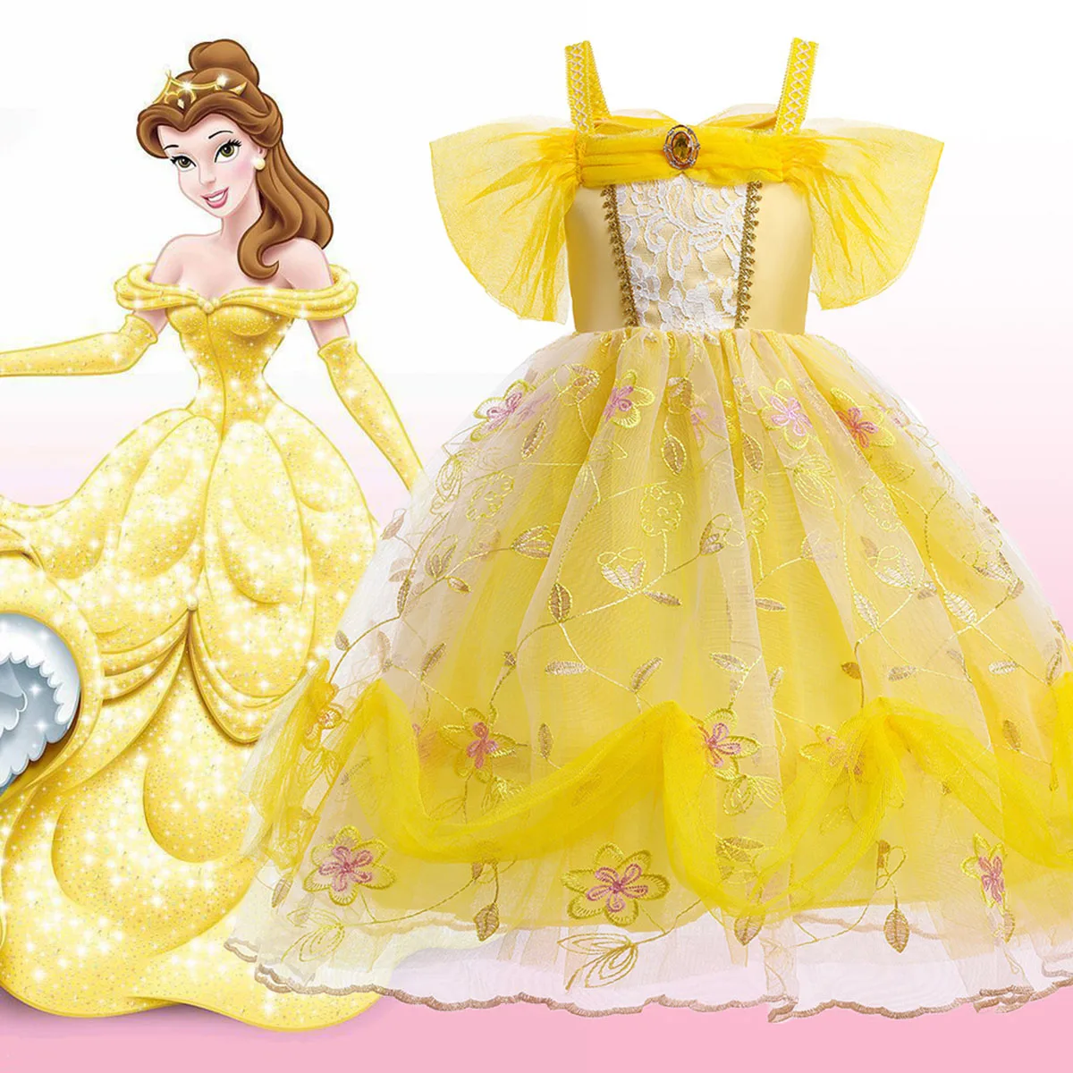 AmyStylish Little Girls Movie Beauty and the Beast Princess Bella Yellow Cosplay Halloween Birthday Party Easter Dress