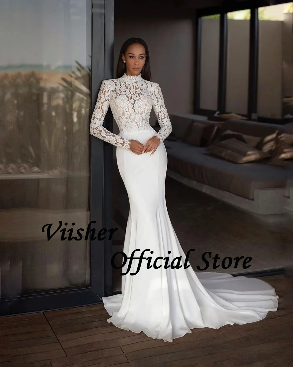 Viisher abiti da sposa a sirena Vintage Appliques di pizzo manica intera collo alto abito da sposa Backless lunghi abiti da sposa da sposa