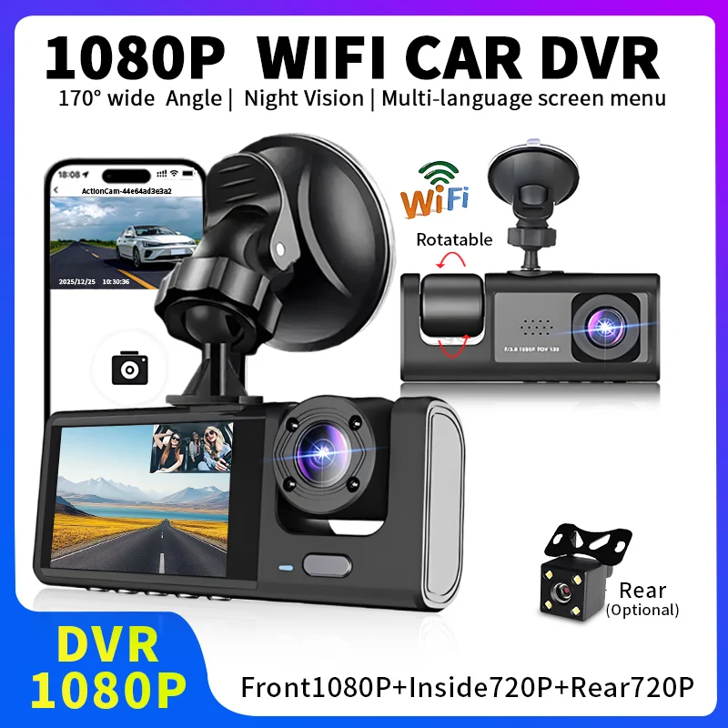 3-Channel WiFi Car Dash Cam HD 1080P WiFi APP Control Front & Rear View Driving Recorder Car Camera for Vehicle Accessories