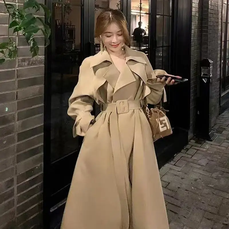 Creamy-white Trench coat Outerwear Women Mid-Length Versatile Spring and Autumn New Korean Series Small British Popular