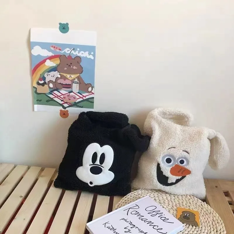 Disney Mickey Mouse Olaf Plush Handbag for Women Cute Leisure Cartoon Embroidery Tote Large Capacity Storage Shopping Bag Gifts