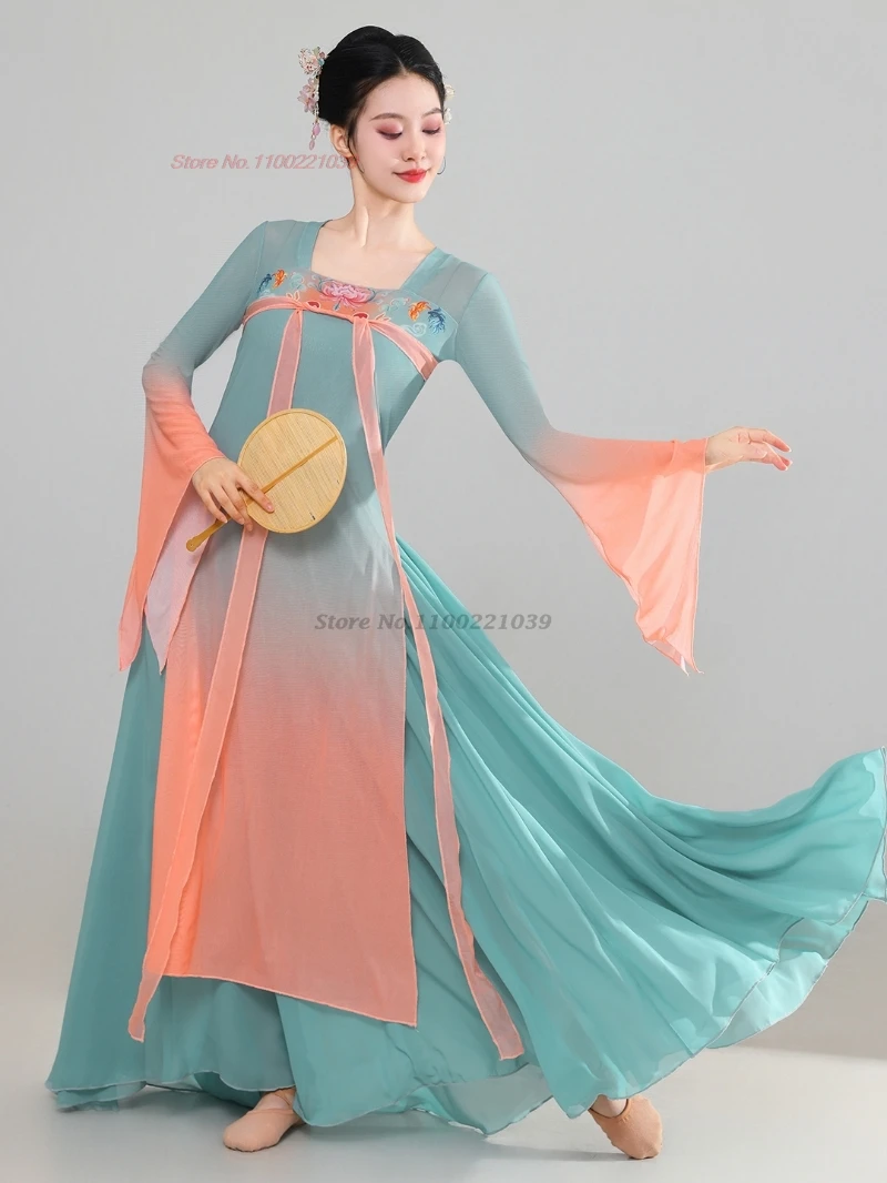 

2026 китайский винтажный танцевальный костюм в стиле ретро с цветочным принтом, градиентный цвет, шифоновые топы + юбка, комплект, платье для народного танца, сценическое платье