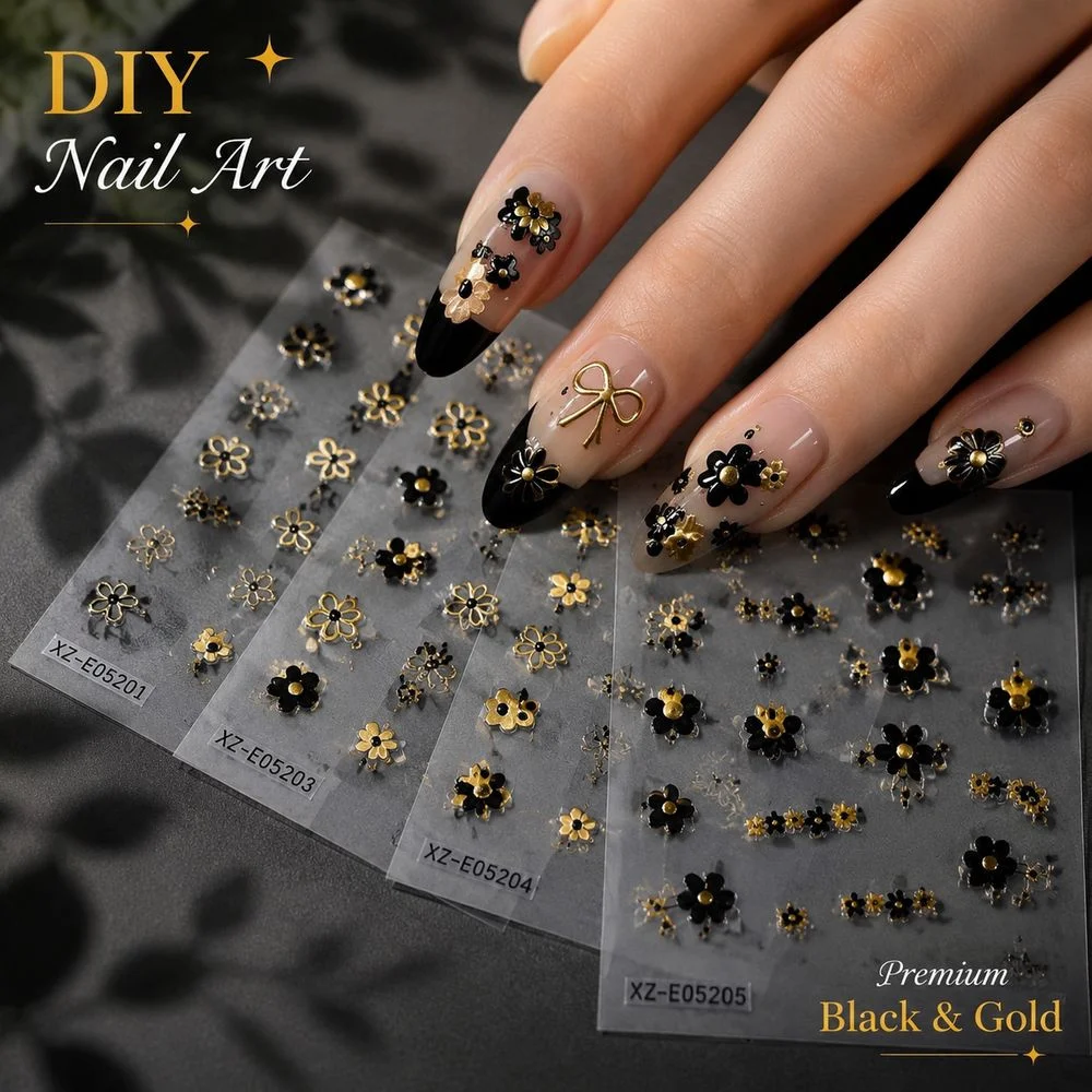 6Pcs Women DIY Nail Art Stickers Black Gold Hollow Flower Piano Key Bow Heart Self‑Adhesive Decals For Manicure Ornament