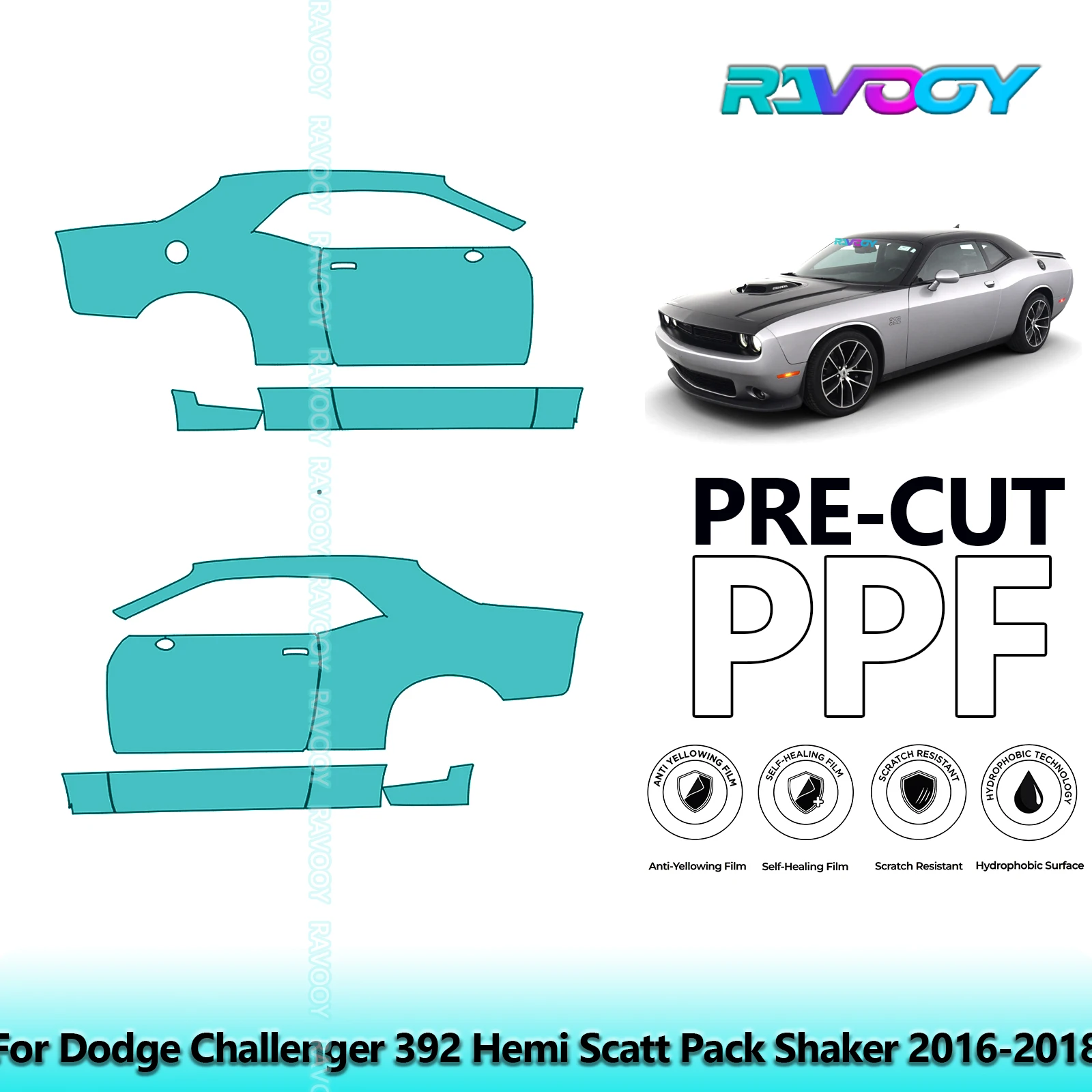

For Dodge Challenger 392 Hemi Scatt Pack Shaker 2016-2018 8.5mil Pre-Cut PPF Door & A/B Pillar Kit TPU Paint Protection Film Set