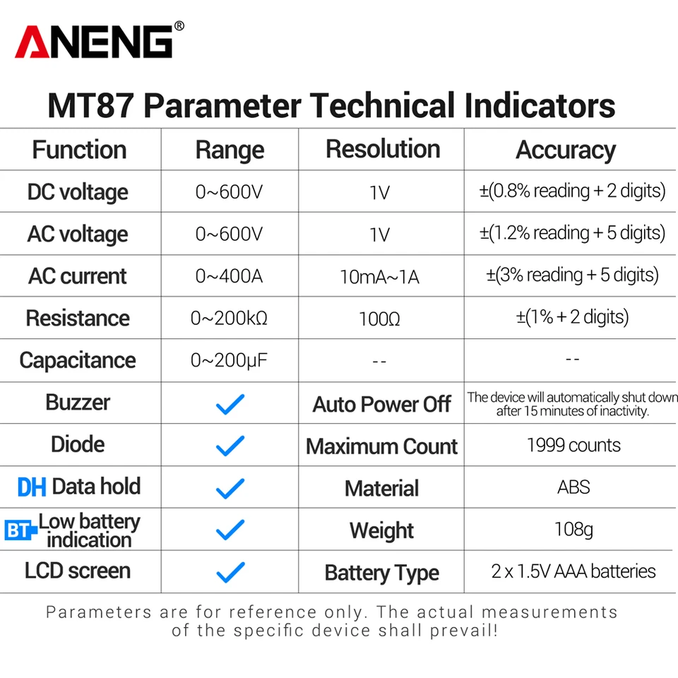 Pinza amperimétrica ANENG MT87, multímetro digital profesional de 1999 cuentas, prueba voltaje AC/DC, amperímetro, detección de resistencia y sin contacto 6