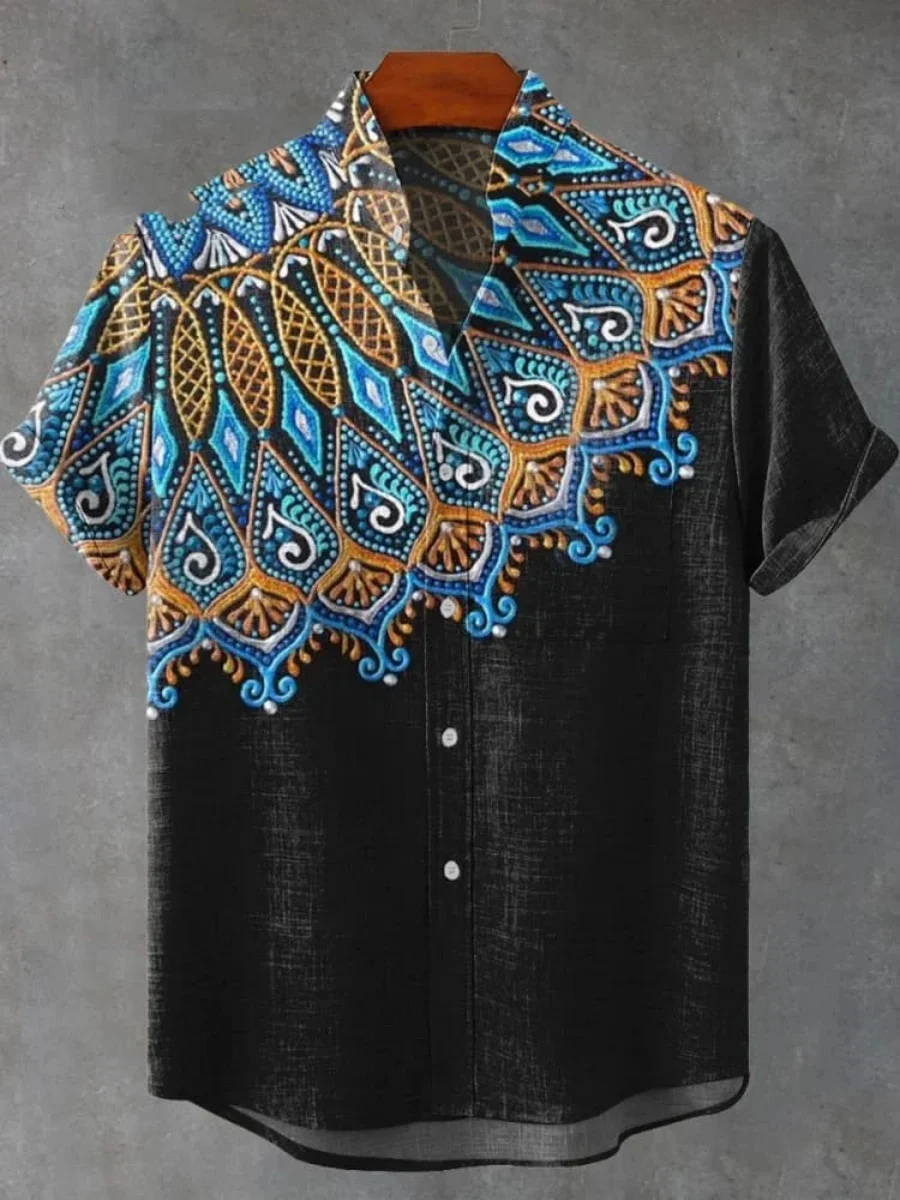 2025 Men's mandala flower pattern short sleeve shirt Summer vintage new linen shirt men's short sleeve leisure holiday streetwea