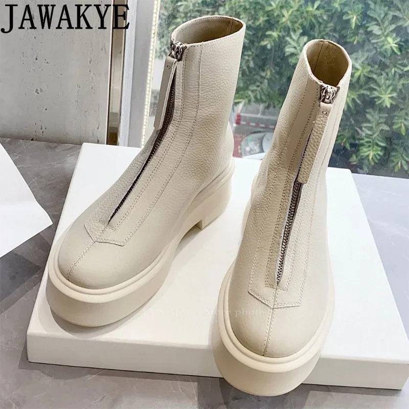 Round Toe Chunky Sole Motocrycle Boots Real Leather Ankle Boots Front Zip Design Chelsea Boots Women Winter Fashion Botas mujer