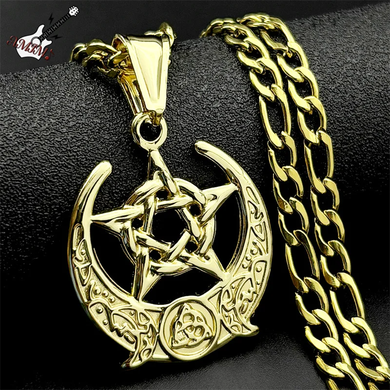 

Viking Witch Celtic Cross Knot Pendant Necklace Rune Stainless Steel Men Chain Odin Gothic Pentagram Moon Amulet Jewelry Gifts