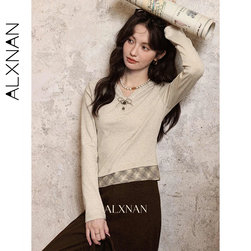 ALXNAN T-shirt a maniche lunghe con farina d'avena Donna Autunno Chic Bottone con scollo a V Cuciture scozzesi Slim-fit Tees 2025 Casual Top Donna L57502