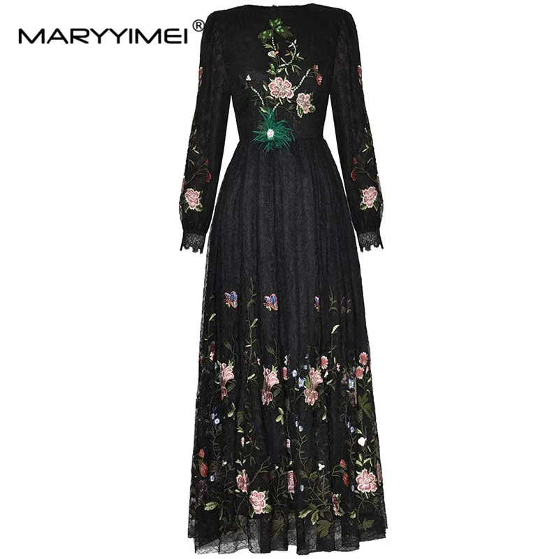 

MARYYIMEI Fashion Runway Women's Round Neck Long Sleeve Studded With Beads Diamonds Embroidered Closed Waist Big Swing Dress