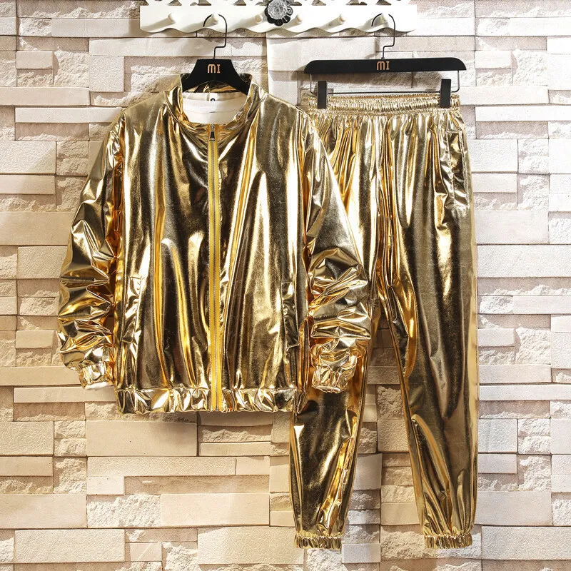 

Gold Glittering Zipper Sports Sweatshirt Set Men's Street Dance Team Rock Band Casual Large Size Leisure Fashion Streetwear