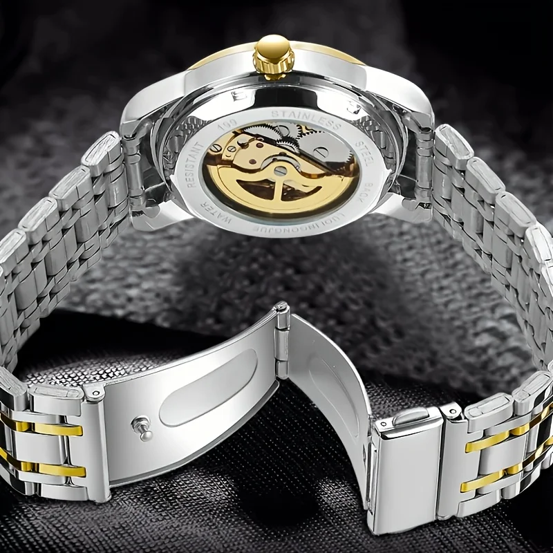 High-End, Luxurious, Casual, Versatile, and Stylish Men's Watch, Fully Automatic Mechanical Watch, Skeleton Design, Stainless Steel Strap, Fashionable Business Accessory Wristwatch, the First Choice for a Gift, Birthday Present, the Best Gift for Him, No Battery Needed.