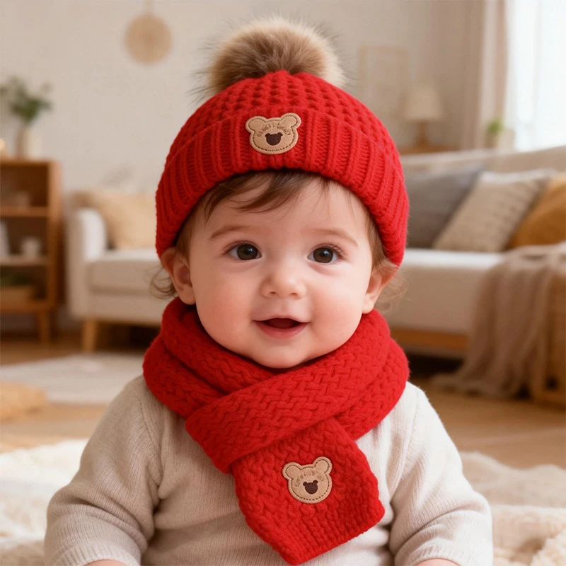 Children Hat and Scarf Set Plush and Warm Baby Knitted Hat Boys Little Bear Wool Hat Girls Fashion Scarf Christmas Gift