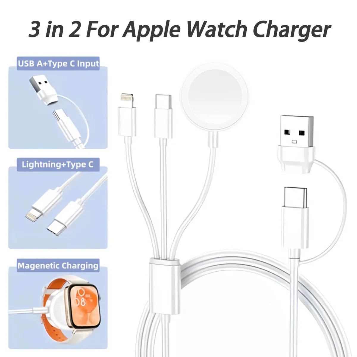 

Магнитный беспроводной зарядный кабель 3-в-1 USB-C/USB-A для телефона, магнитное зарядное устройство для часов, универсальная беспроводная док-станция для Apple Watch