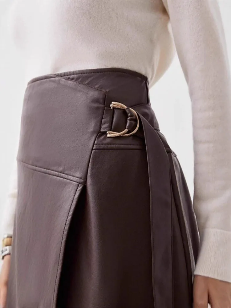Onregelmatige tailleband met split en verstelbaar ontwerp A-lijn lange rok 2026 nieuwe modieuze PU-leren rok