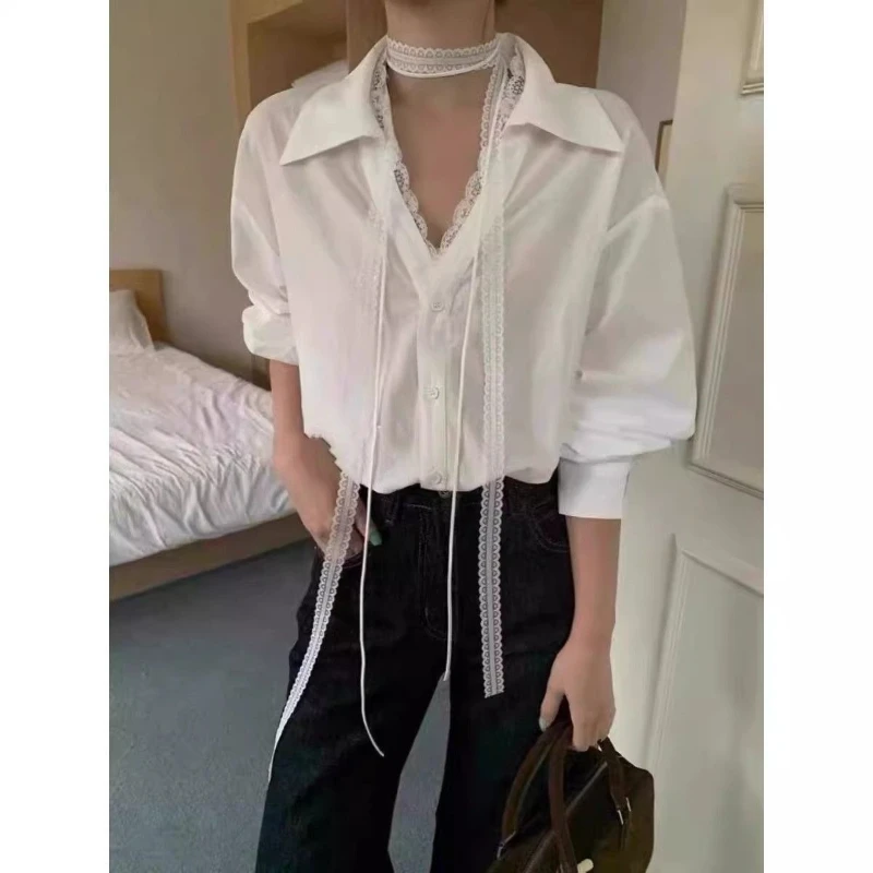 

Deeptown Korean Style V-neck Blouses Women Elegant Sweet Office Lace Shirts Vintage Coquette Fashion White Shirts Aesthetics