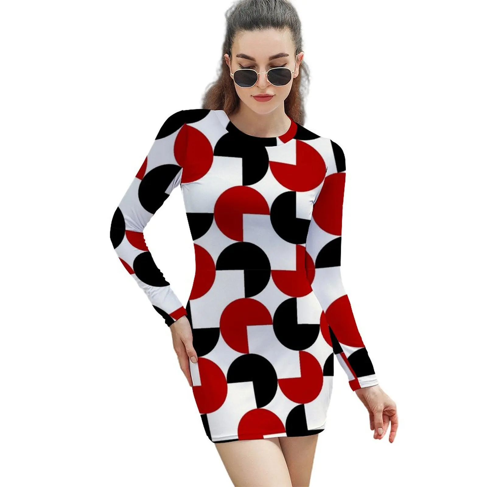 

Geometric Retro Style Black Red White Long-Sleeved Sheath Dress prom dress 2024 beach dresses summer dress woman 2024 trendy