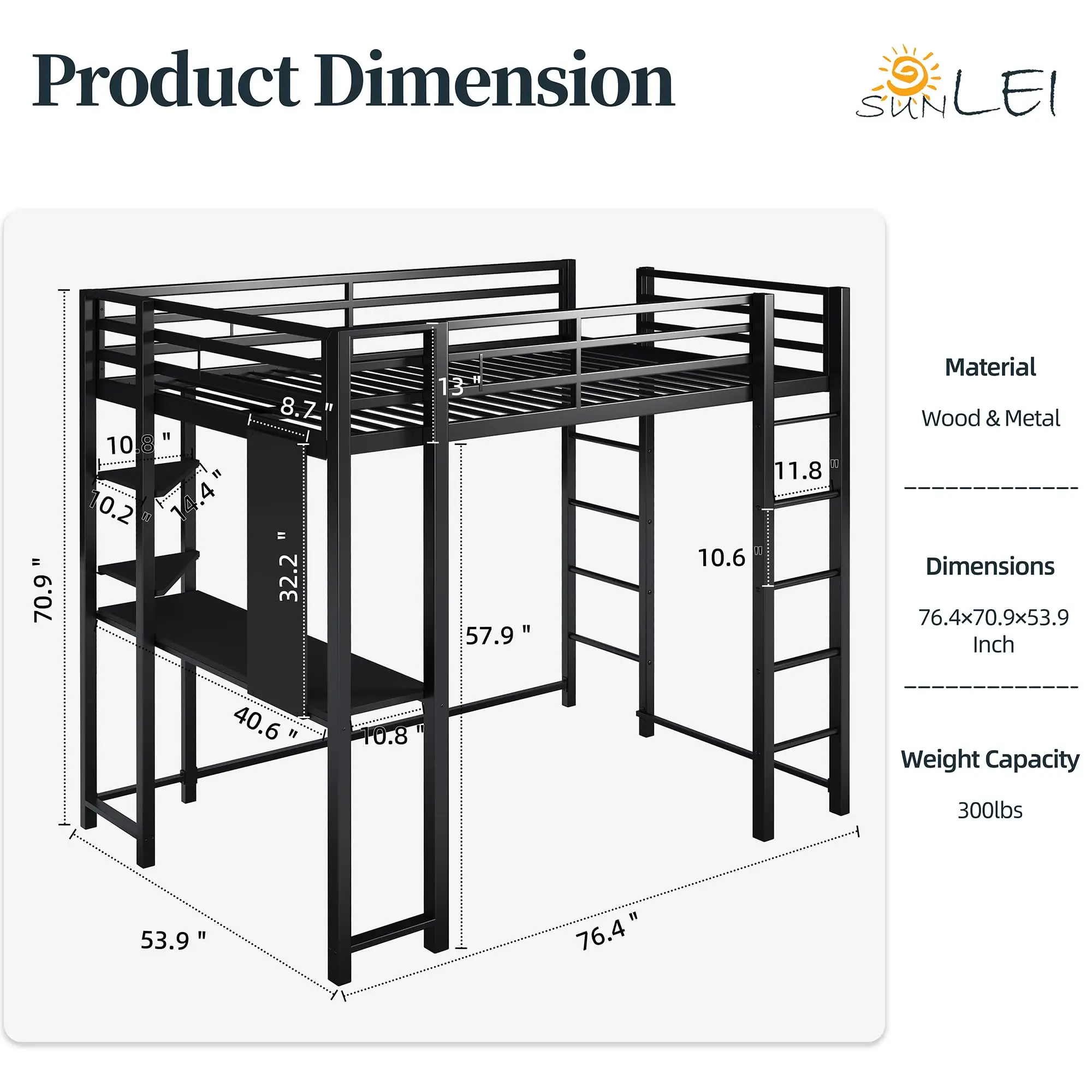 Full Size Metal Loft Bed Frame with Desk, Loft Bed with 2 Built-in Ladders & Safety Guard, Noise Free for Small