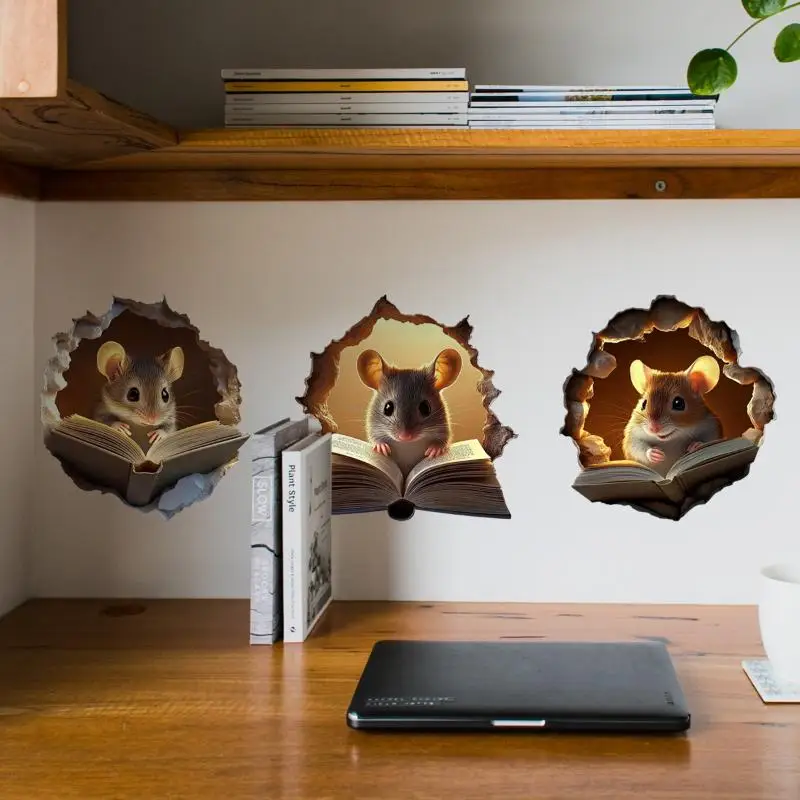 3Pcs Cute Mouse Hole Wall Sticker Living Room Wall Home Decor Bedroom Wallpaper Removable Funny Decor