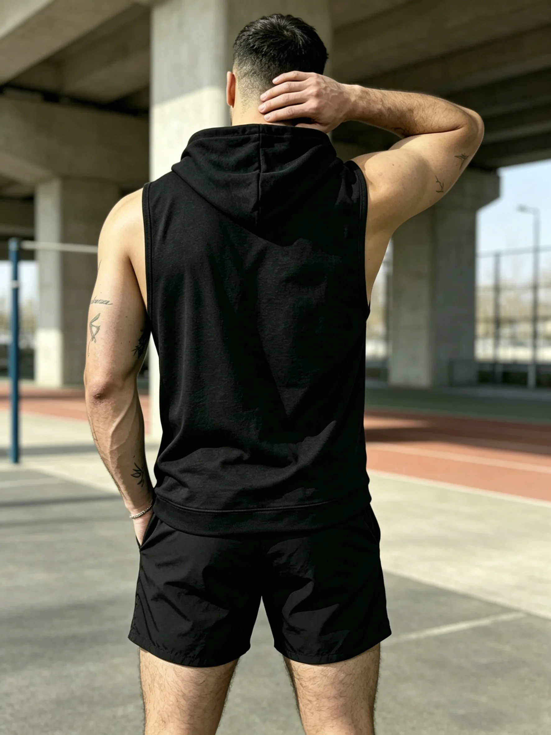 Summer Men's 2PCS Casual Summer Hawaiian beach Print Sports Two-Piece Set, Hooded Sleeveless Vest Top T-Shirt with Shorts with Pocket Two-Piece Set, Cool And Comfortable, Black Minimalist Style view 2