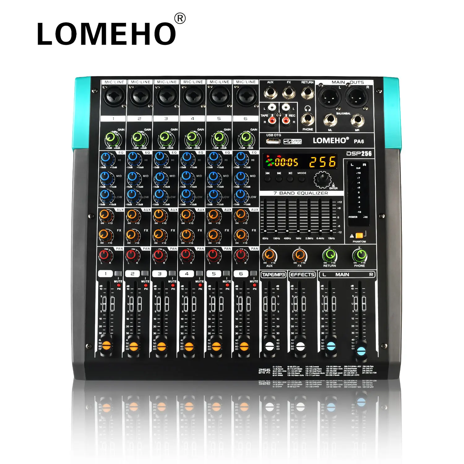 

LOMEHO 6 Channels Mixing Console BT 24 Bit 256 DSP 7 Band EQ Sound Table Audio Mixer 48V USB PC Play Record DJ Party Church PA6