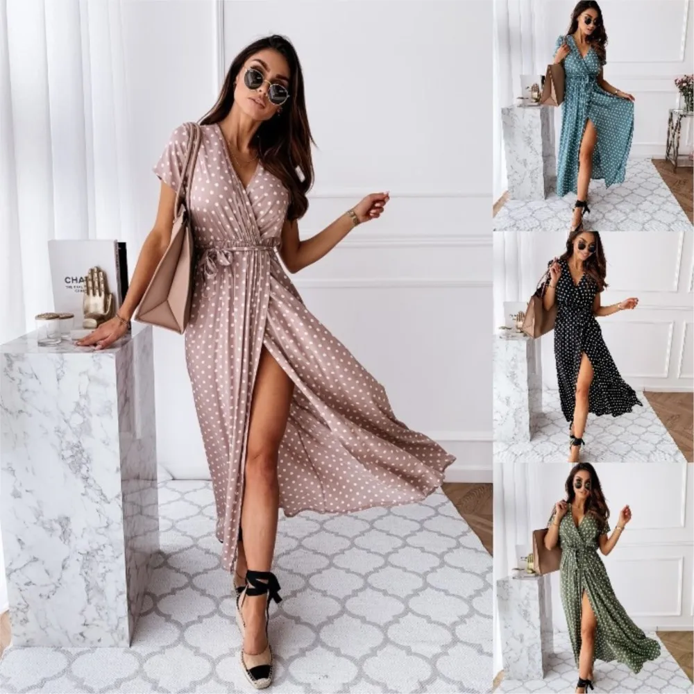 

2026 Summer Bohemian Dresses For Ladies Vestidos Dress Woman Women's Clothing Slim Short Sleeves V-link Leace-up Slit Polka Dots