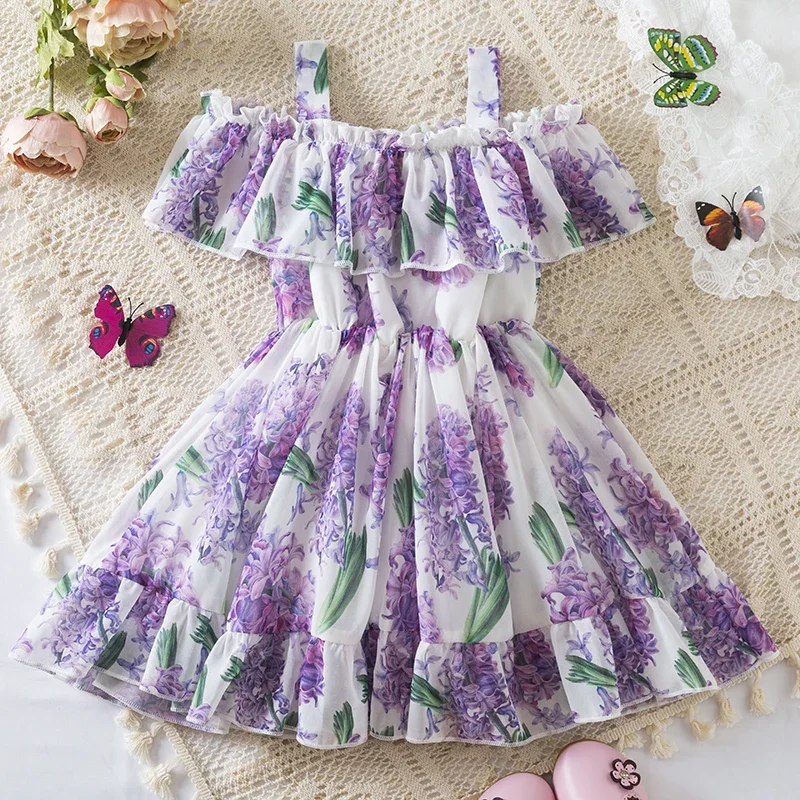 Suspended One-shoulder Floral Dress for Girls Purple Lavender Bohemian Style Holiday Children\'s Dress Daily Casual Summer Dress