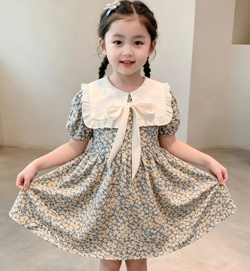 Girls Summer Short Sleeve Korean Style Cute Princess Dress With A Bow For Baby Girls Casual Outdoor Daily Holiday Fashion Outfit