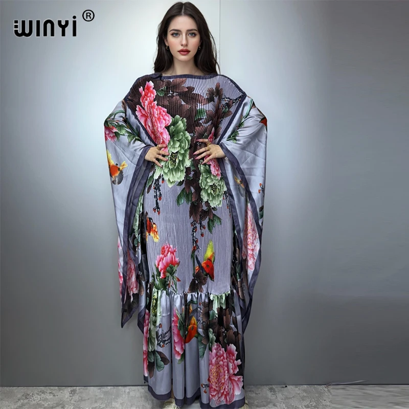 WINYI estate Pieghettato Elastico vestito allentato vacanza spiaggia copricostume maxi caftano abaya dubai abiti da festa di lusso boho donna Caftano