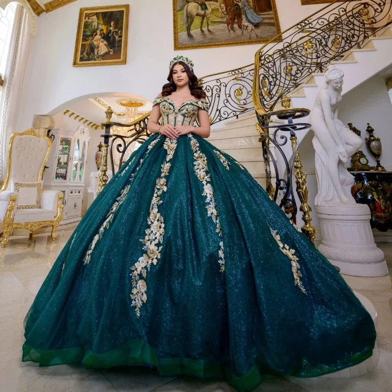 ANGELSBRIDEP 2025 gaun dansa hijau zamrud gaun Quinceanera dengan applique emas mawar gaun pesta Prom jubah De Soiree