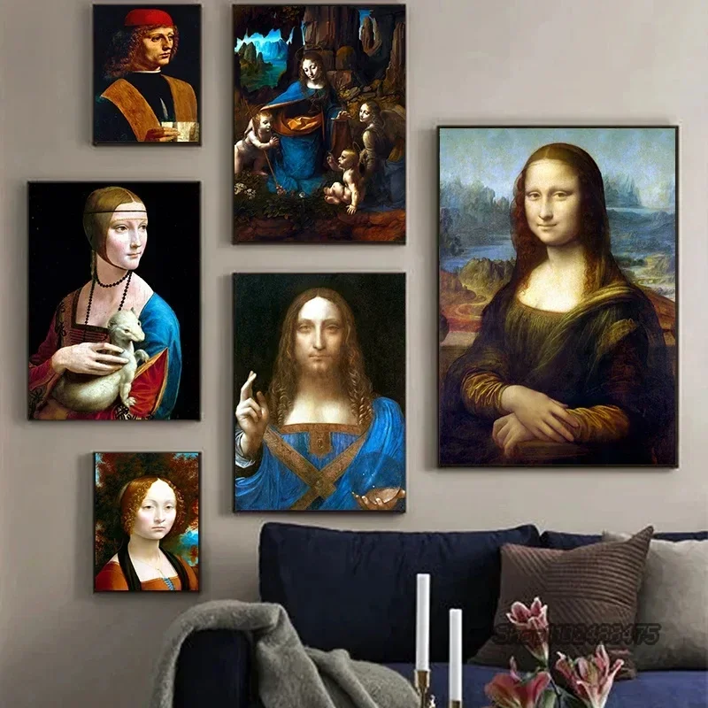 Célèbre œuvre d'art de Léonard de Vinci, Mona Lisa, Salvator Mundi, peinture sur toile, affiche murale, images décoratives pour le salon, décoration de la maison