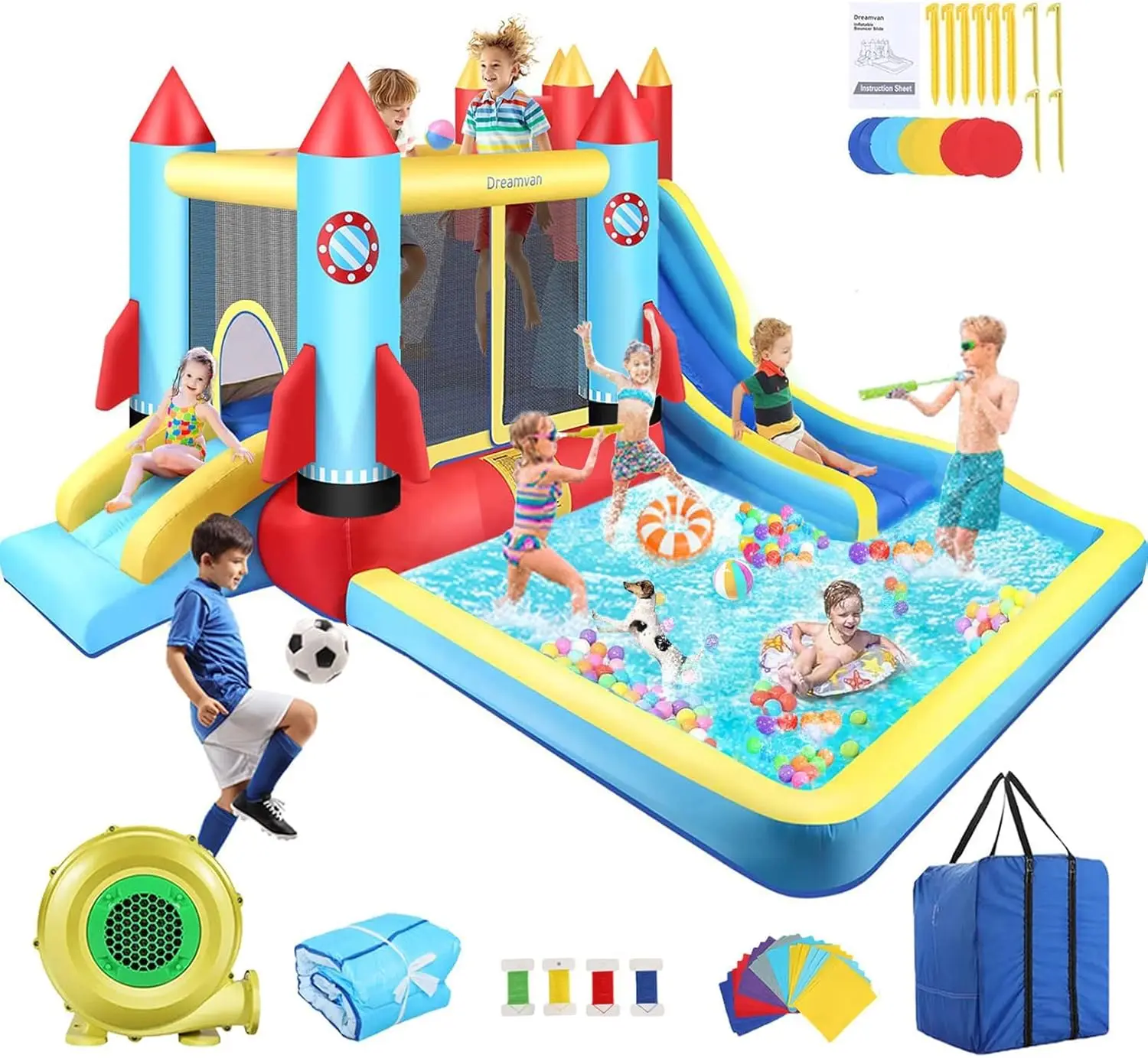 Bounce House Raket Explosie Springkasteel-13x12ft Opblaasbare Waterglijbaan Bounce Huis Voor Kinderen 3-12 & Glijbaan Park, Zwembad, Klimmen W