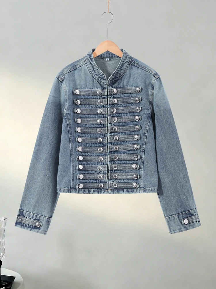 Denim Napoleon Jacke Shorts Anzüge Damen Vintage Stehkragen Langarm Mäntel Tiefsitzende Shorts Sexy Damen Neue Partykleidung Outfits – Detail 3
