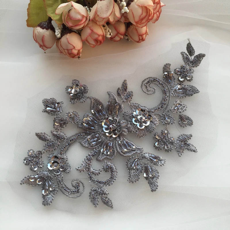 DIY Handmade Beaded Flower Applique, Flower Patch, Wedding Dress Accessories, Lace Embroidery, Mending Clothes,2 Pair/4 Pc