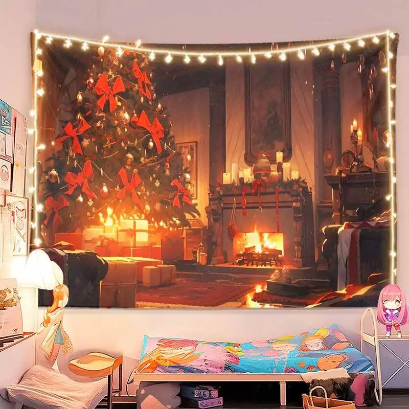VIKAMA Wall Tapestry Christmas Classic Living Room Red Bow Tree Fireplace Candle Gifts Winter Holiday Wall Hanging Home Decor
