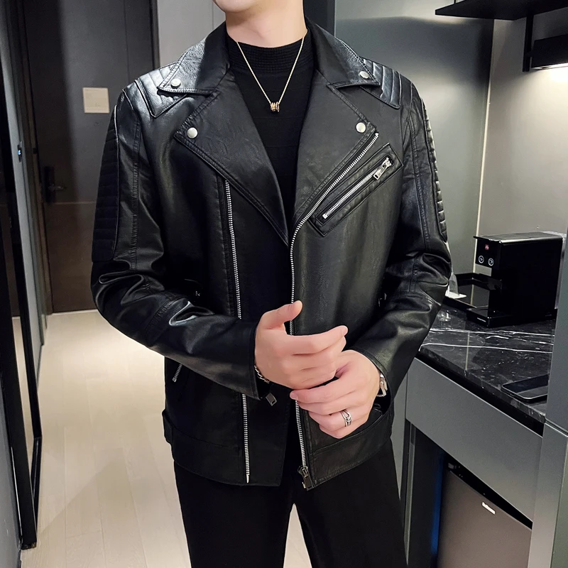 Business High Quality Casual Cardigan Tops Men Warm Waterproof Lapel Basic Coat Spring Autumn New Cool Motorcycle Leather Jacket