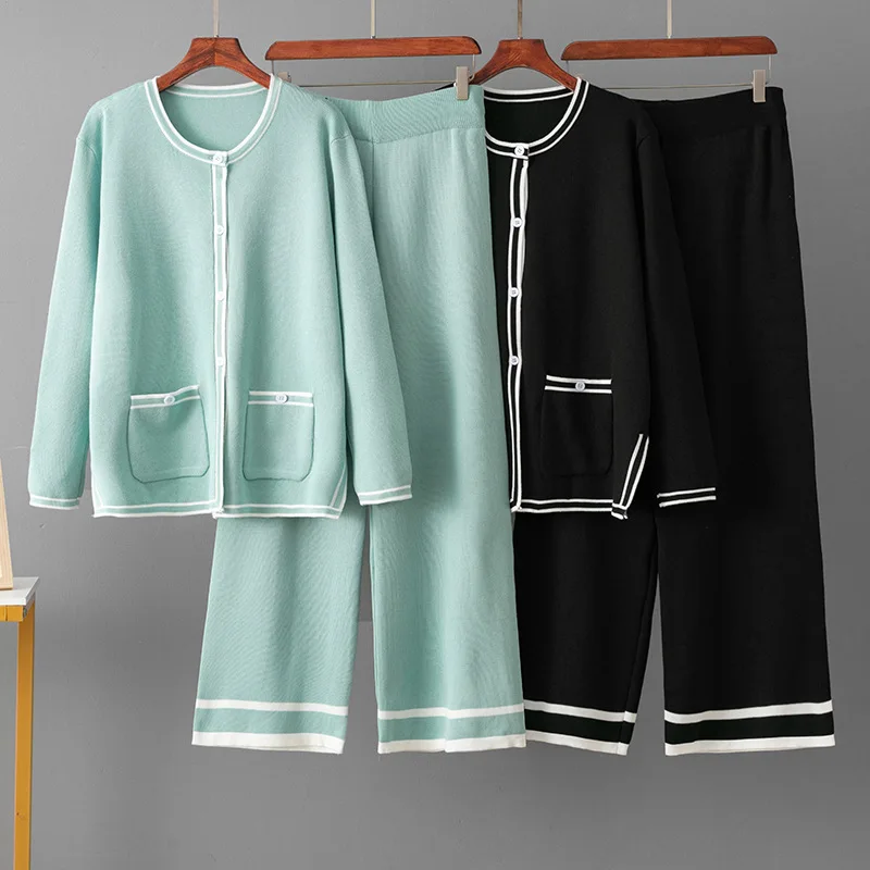 

Модный повседневный костюм, женский весенне-осенний вязаный кардиган с круглым вырезом и длинными рукавами, топ, прямые брюки, комплект из двух предметов