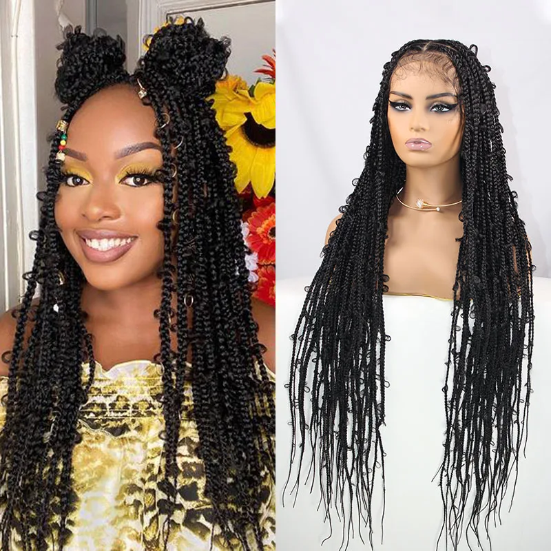 

36" Jungle Synthetic Braids Wig Square Knotless Butterfly Braided Wigs For Women Full Lace Frontal Wig Synthetic Box Braided Wig