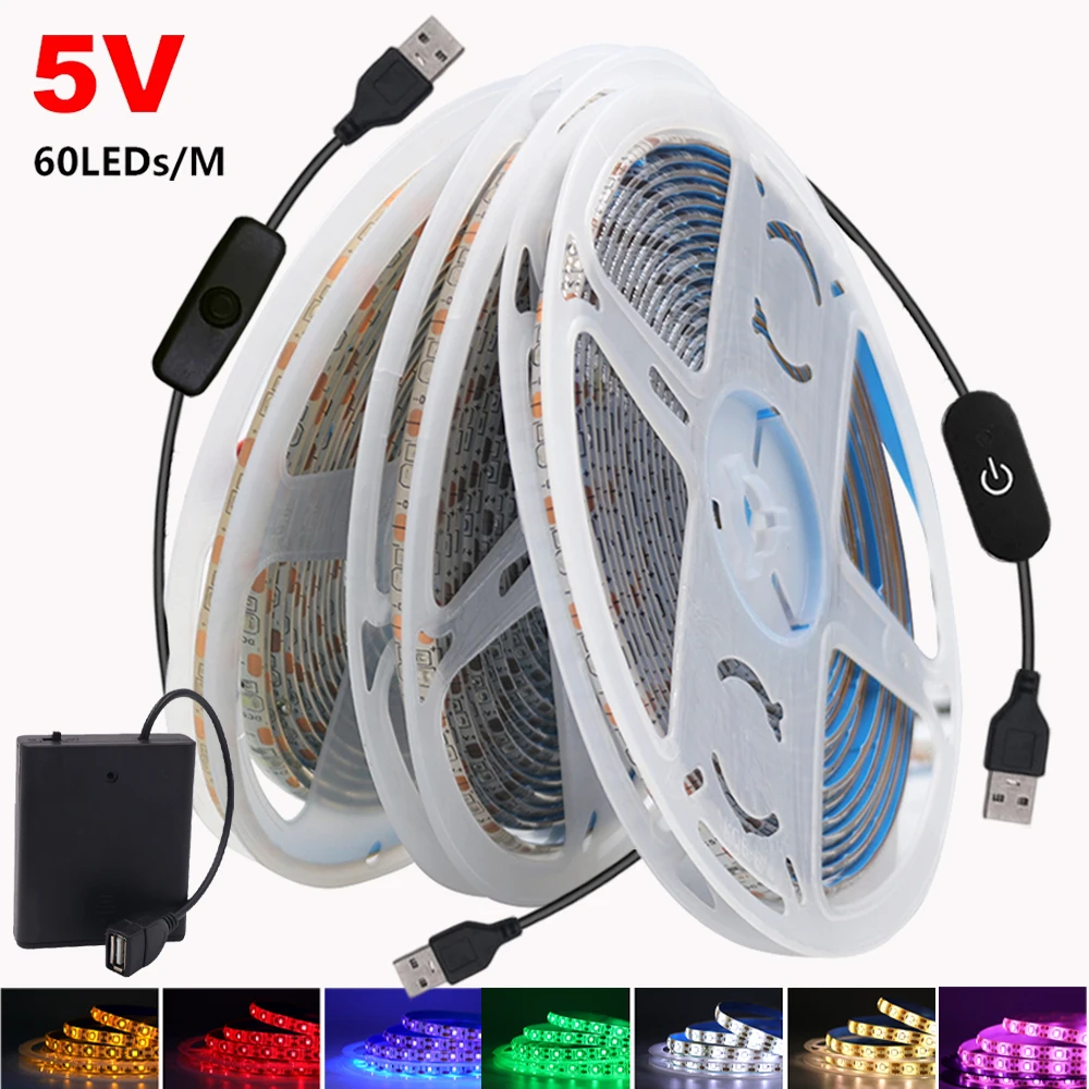 5V USB Battery Box Power LED Strip Light 2835 Dimmable Touch Switch 60Leds/m TV Backlight Flexible Tape Under Cabinet Night Lamp