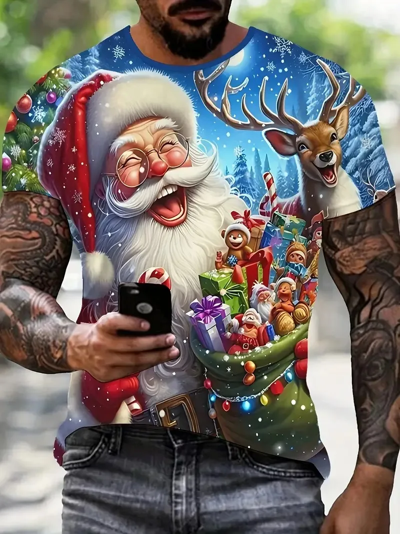 

Christmas Funny Football Santa Claus Men's Short sleeved T-shirt 3D Printed Round Neck Shirt Daily Festival Party Men's Clothes