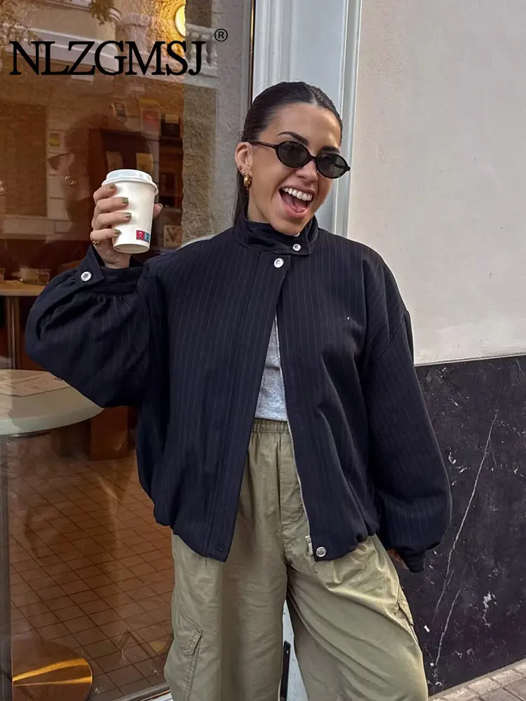 

Nlzgmsj 2026 Streetwear Chic Stripe Jackets Women Long Sleeve Stand Collar Button Coats Fashion Casual Outwears Y2K