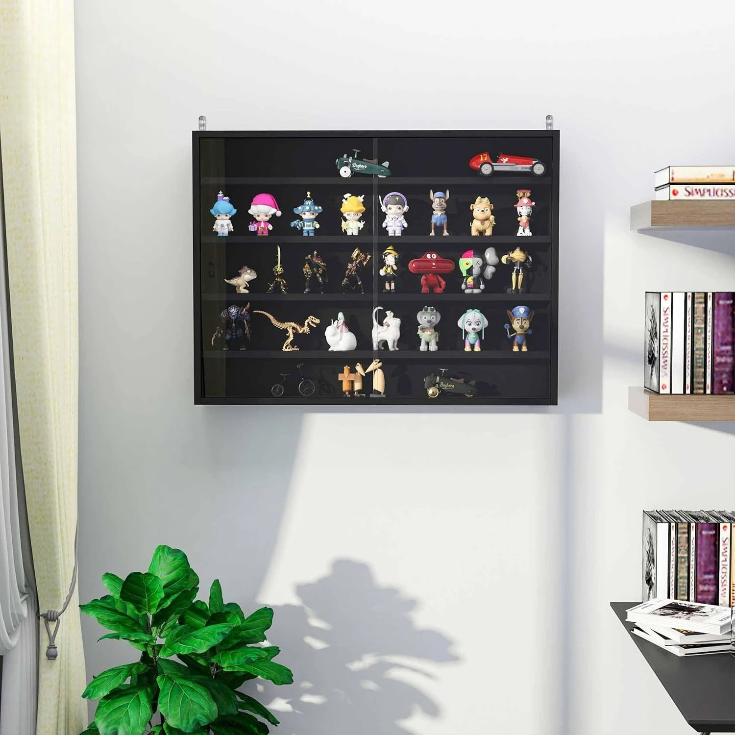 5-Tier Display Cabinet, Glass Door Cabinet with Adjustable Shelves, Wall-Mounted Display Case or Playroom, Bedroom, Black