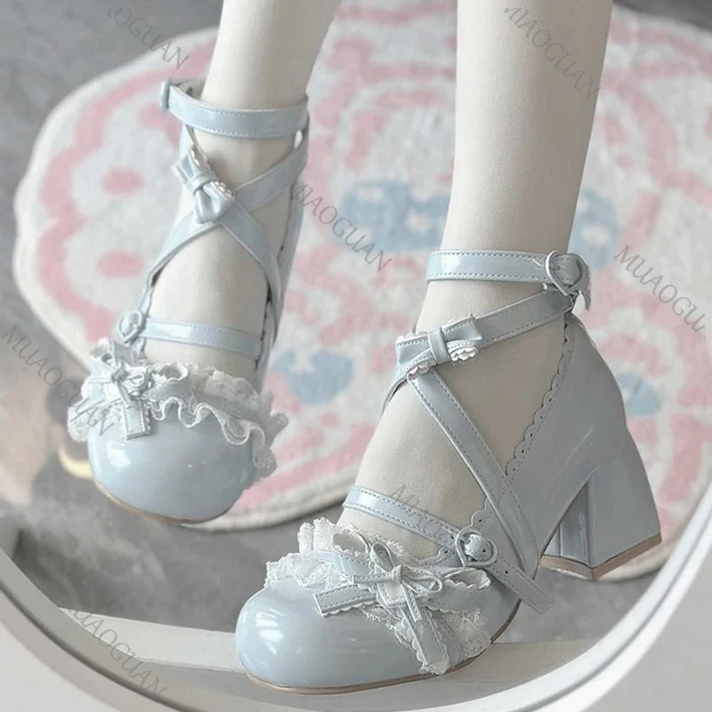 

Fashion Patent Leather Lolita Mary Janes Women Shoes Lace Thick High Heels Single Shoes Platform Womens Cute Pumps Zapatos Mujer