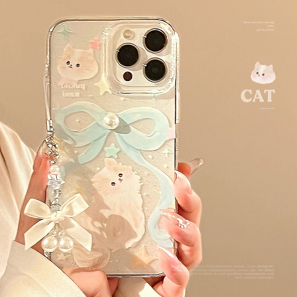 Cartoon Cat Case for iPhone 11 12 13 14 Plus 15 Pro MAXS Pearl Phone Case Shiny Bow Lanyard Shockproof Bumper Cover