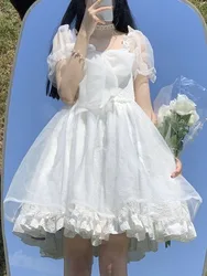 Japanese Sweet Lolita Dress Women Kawaii Bow Puff Sleeve White Princess Dress Ladies Summer Korean Fashion Ball Gown Mini Dress