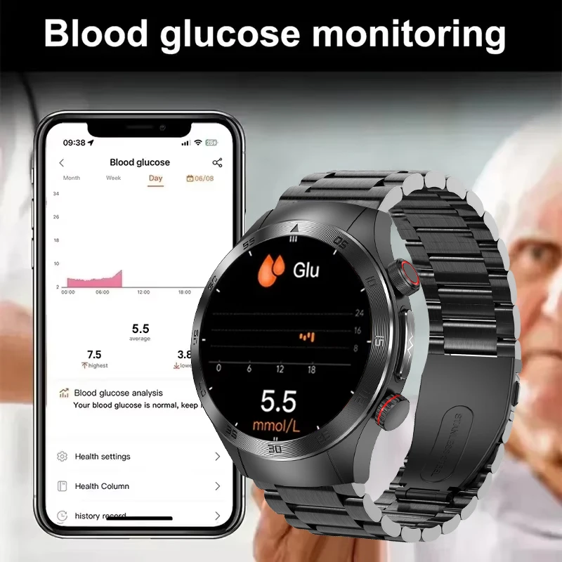 2025 New Laser Therapy Blood Glucose ECG+PPG Smart Watch Men Heart Rate Uric Acid Healthy Heart pulse IP68 Waterproof Smartwatch