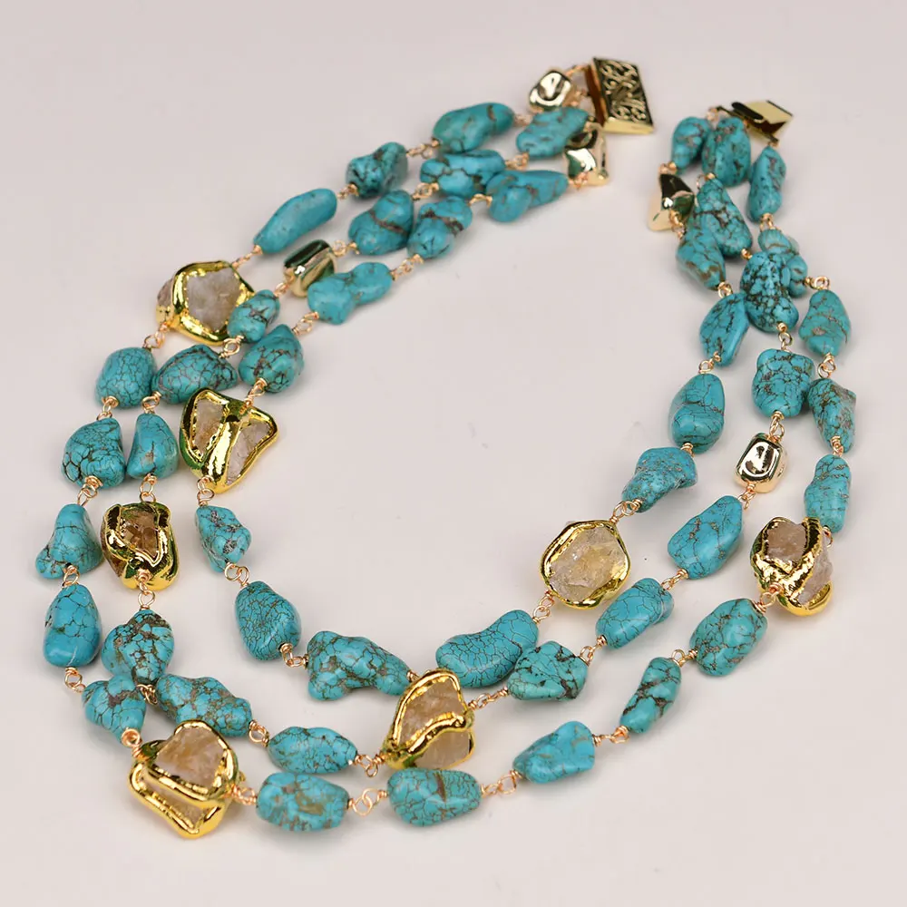 GG 3 Rows Natural Yellow Citrine Gold Plated Rough Raw Blue Turquoise Stone Necklace