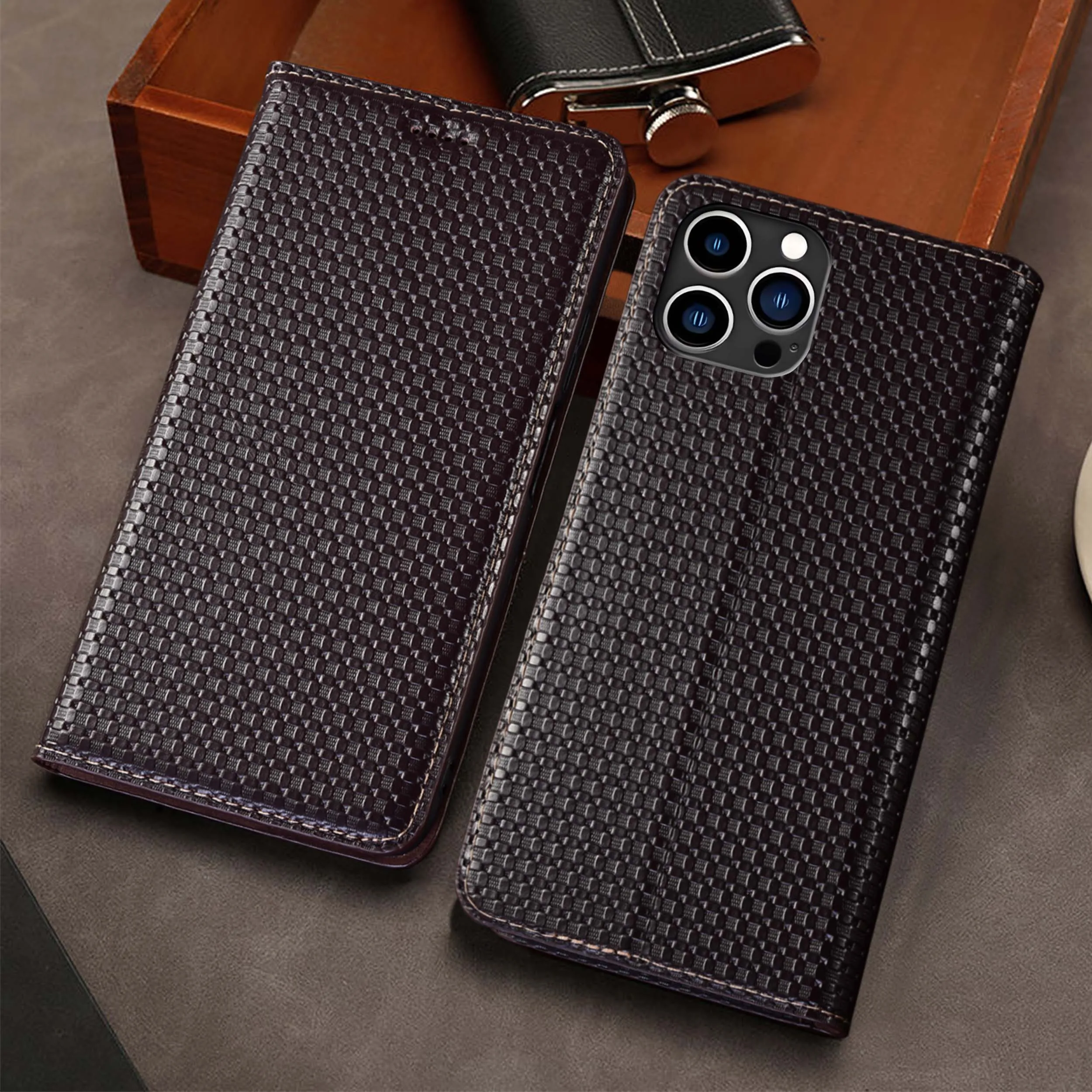 

For Apple iphone 11 12 13 14 15 16 16e 17 Pro Max Plus Air Mini Grass Mat Pattern Genuine Leather Wallet Flip Phone Case Cowhide